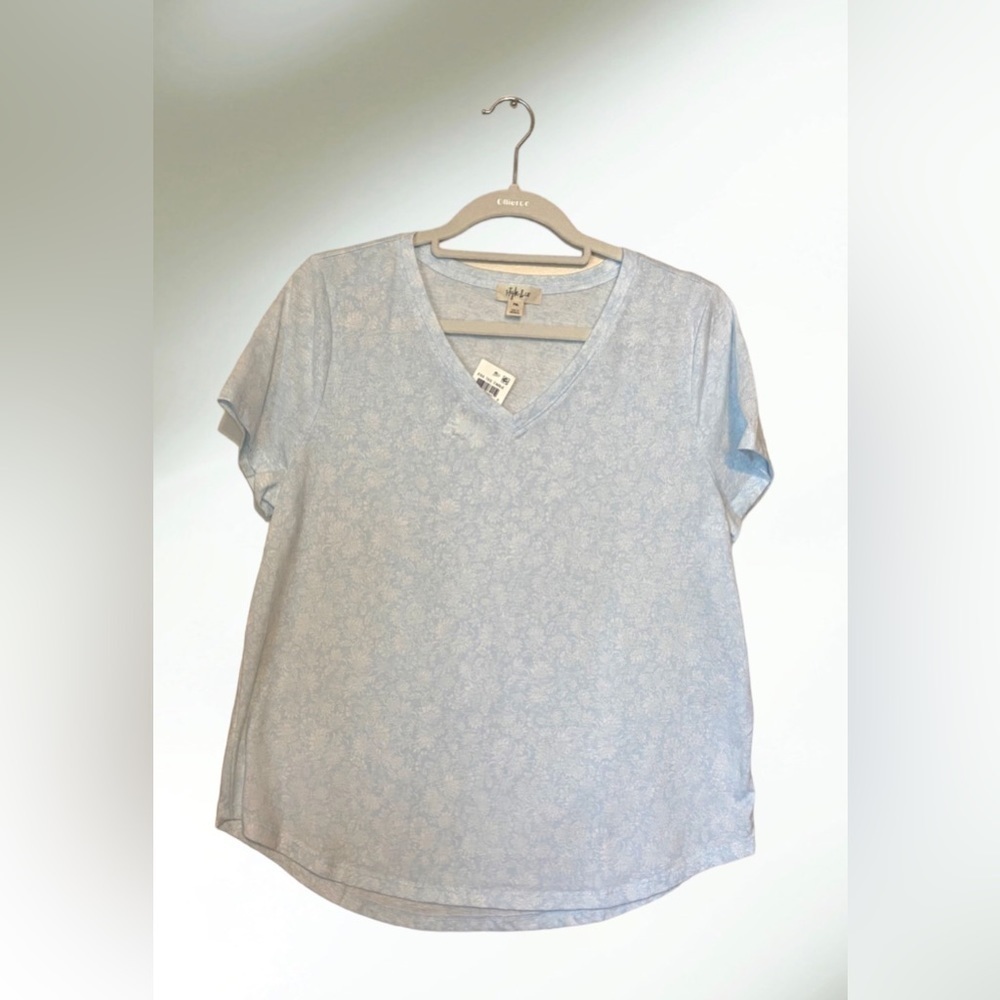 Style & Co Light Blue Floral V-Neck Top Size Petite X-Large